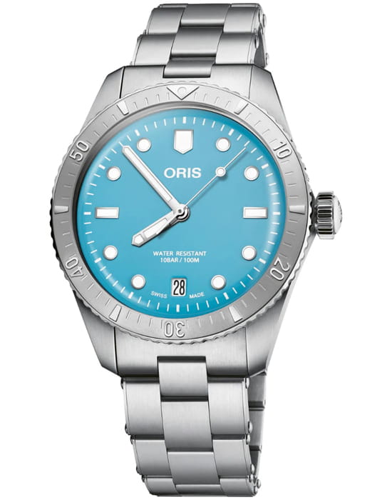 Oris Oris Divers Sixty‑Five 'Cotton Candy' 01 733 7771 4055-07 8 19 18  01 733 7771 4055-07 8 19 18 механические мужские часы голубой циферблат, браслет нержавеющая сталь — вид спереди